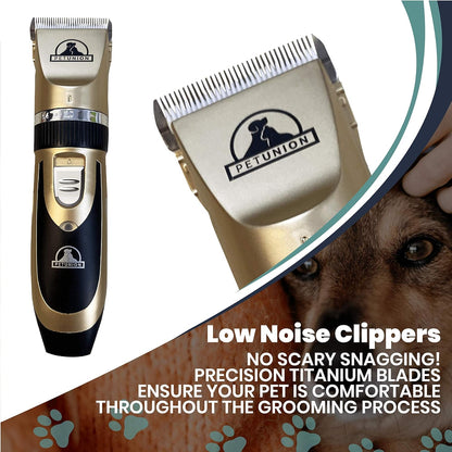 Pet Union Professional Dog Grooming Kit - Cordless Low Noise Dog Clippers for Grooming Thick Coats - All Pet Safe Cat Hair Trimmer - Pet Grooming Kit Includes Dog Hair Clippers, Nail Trimmer & Shears