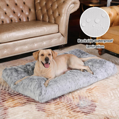 Bedfolks Waterproof Dog Crate Bed, Plush With Removable Washable Cover, Faux Fur Crate Pad for Medium Dogs, Fluffy Kennel 29"x21", Dark Grey