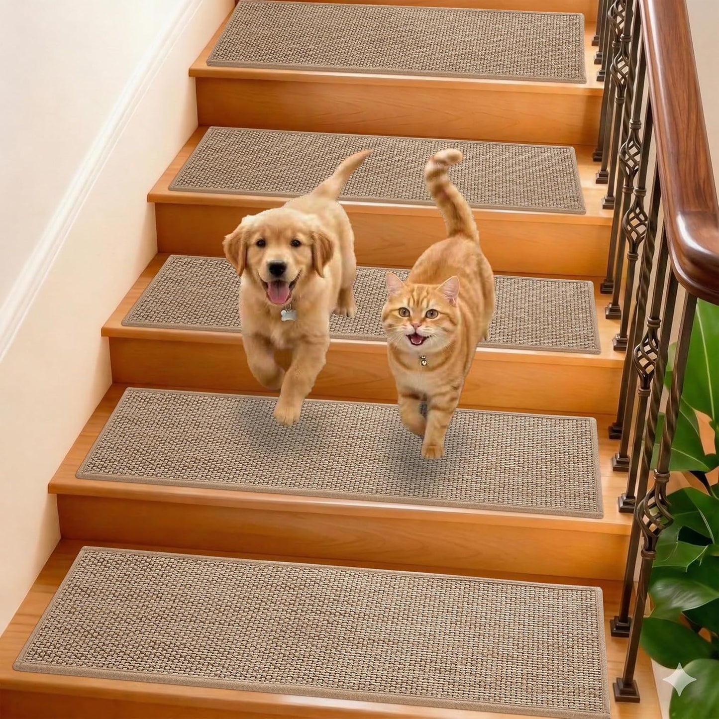 GROWLING Linen Stair Treads for Wooden Steps Indoor 30x8 inch, 15pcs Upgraded Self Adhesive Backing Non Slip Stair Carpets, Peel and Stick Stair Runner Rugs, Reusable Staircase Step Treads(Brown)