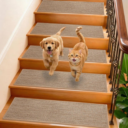 GROWLING Linen Stair Treads for Wooden Steps Indoor 30x8 inch, 15pcs Upgraded Self Adhesive Backing Non Slip Stair Carpets, Peel and Stick Stair Runner Rugs, Reusable Staircase Step Treads(Brown)