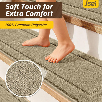 Non-Slip Stair Treads for Wooden Steps Indoor, 15 Pack 8" X 30" Edging Stair Rugs with TPE Backing, Carpet Stair Treads for Kids Elders & Pets, 100% Polyester Soft Stair Runners, Brown