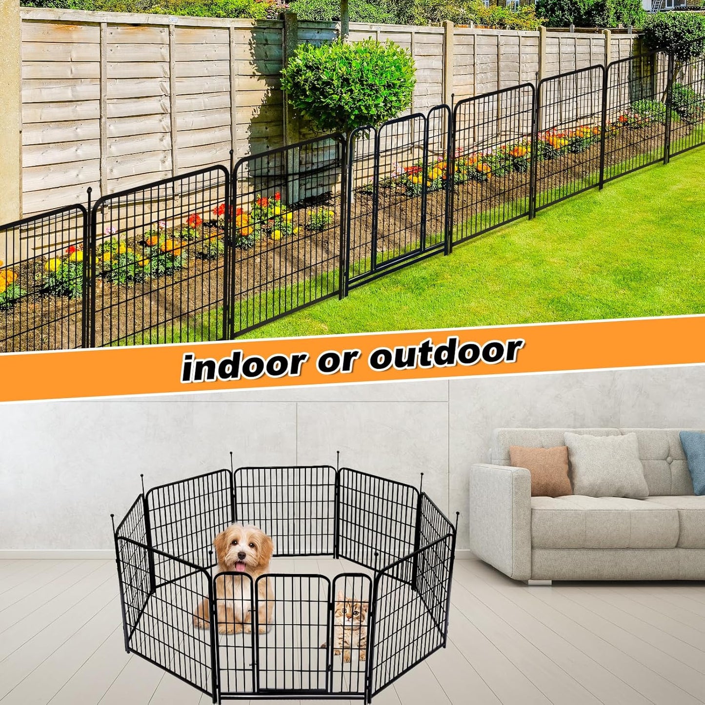 Getlay 36 in(H) Garden Fence, Wide Gate Low Threshold, 10 Panels Total 22.1 Ft(L) Heavy Duty Iron Animal Barrier Fence for Yard,Suitable for Indoor Or Outdoor Dog Fencing,Garden Border Fence
