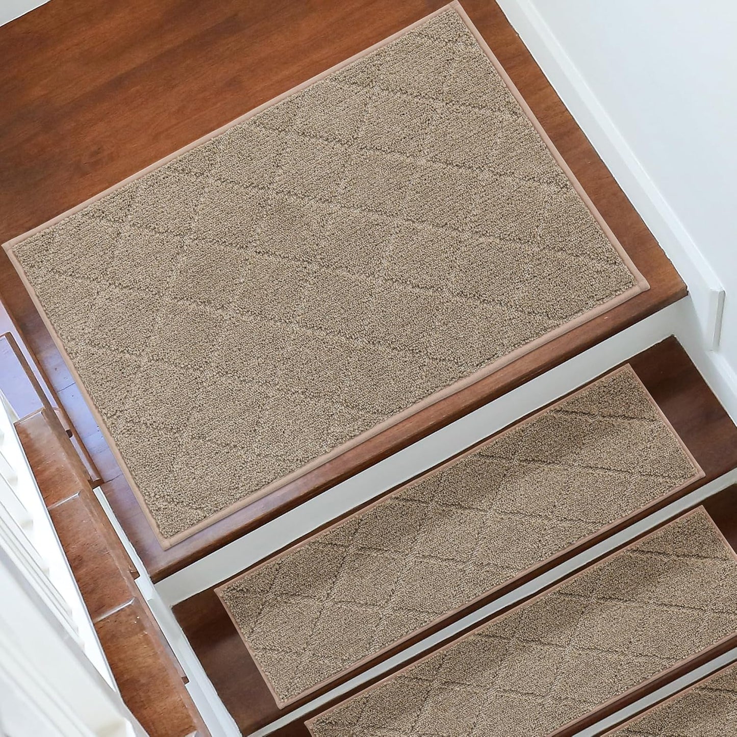 COSY HOMEER Edging Stair Treads Non-Slip Carpet Mat 28inX9in Indoor Stair Runners for Wooden Steps, Edging Stair Rugs for Kids and Dogs, 100% Polyester TPE Backing (7pc, Beige)