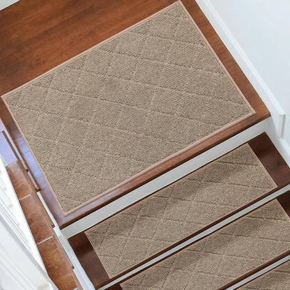COSY HOMEER Edging Stair Treads Non-Slip Carpet Mat 28inX9in Indoor Stair Runners for Wooden Steps, Edging Stair Rugs for Kids and Dogs, 100% Polyester TPE Backing (7pc, Beige)