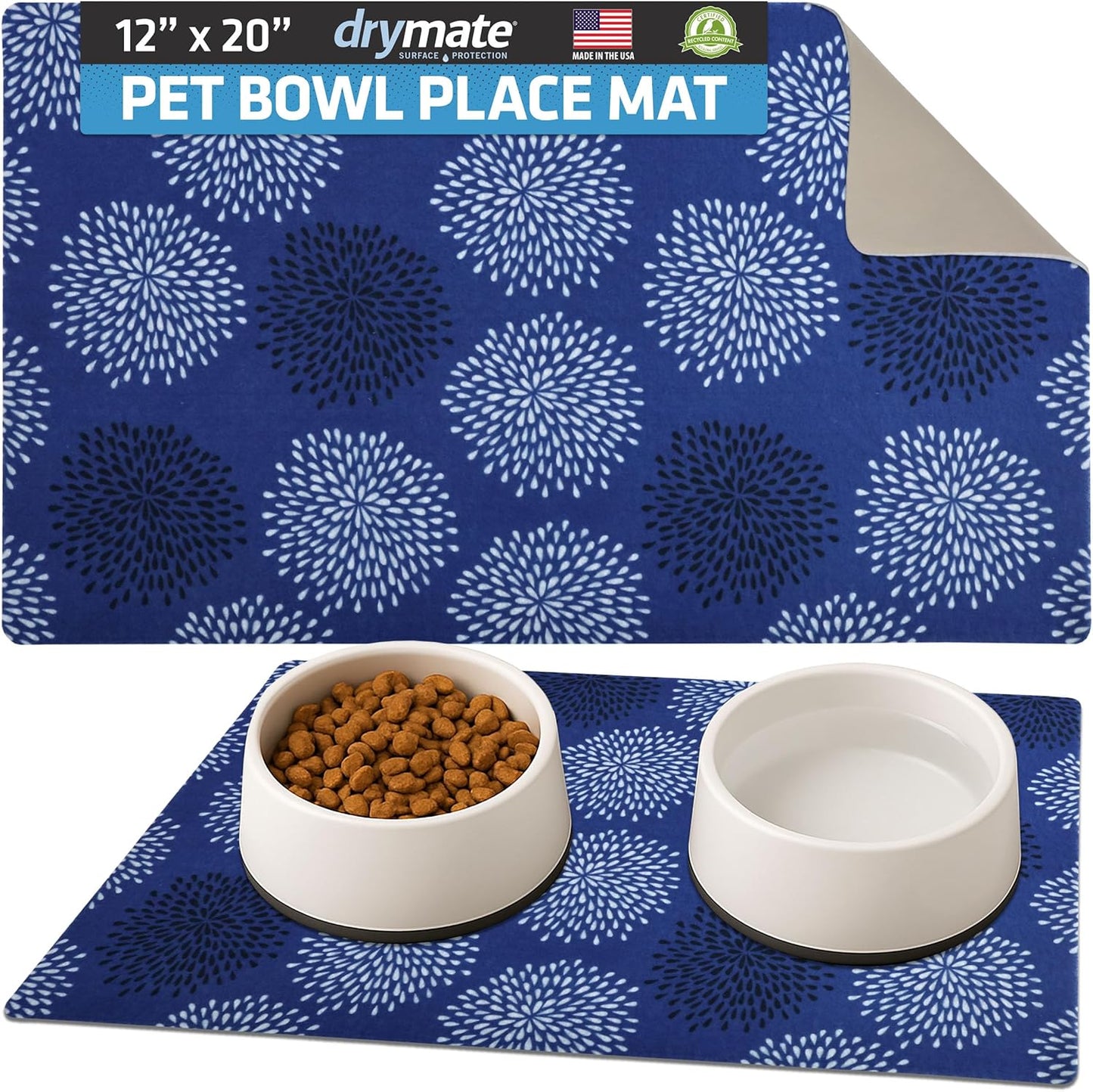 Drymate Pet Bowl Placemat, Dog & Cat Food Feeding Mat - Absorbent Fabric, Waterproof Backing, Slip-Resistant - Machine Washable/Durable (USA Made) (12” x 20”) (Indigo)