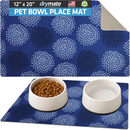 Drymate Pet Bowl Placemat, Dog & Cat Food Feeding Mat - Absorbent Fabric, Waterproof Backing, Slip-Resistant - Machine Washable/Durable (USA Made) (12” x 20”) (Indigo)