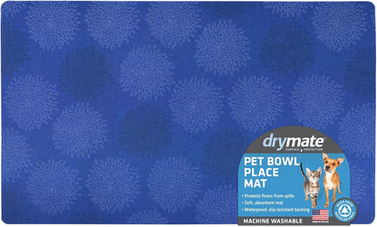 Drymate Pet Bowl Placemat, Dog & Cat Food Feeding Mat - Absorbent Fabric, Waterproof Backing, Slip-Resistant - Machine Washable/Durable (USA Made) (12” x 20”) (Indigo)