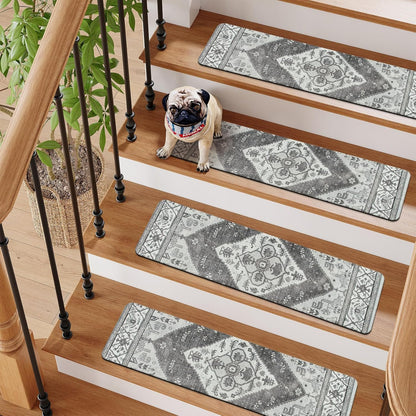OJIA Non-Slip Carpet Stair Treads for Wooden Steps Set of 15, 30''X8'' Indoor Runner Resistant Rugs Rubber Safety Mats for Dogs, Kids & Elders, Stairway Grip