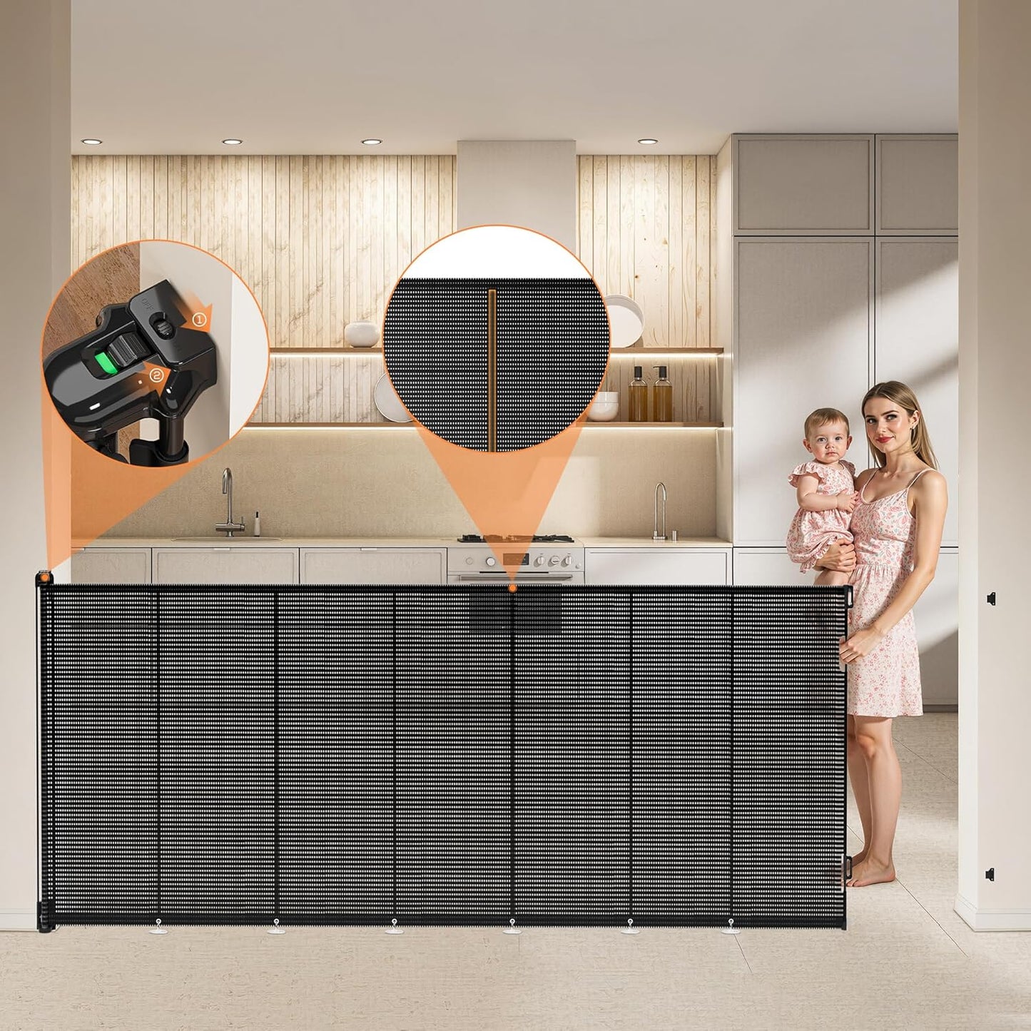 Retractable Baby Gate for Stairs, 42" Tall X 200" Wide Mesh Dog Gate Indoor, Child Gate for Doorways, Hallways, Deck, Indoor Outdoor Pet Baby Safety Essentials for Home, Black