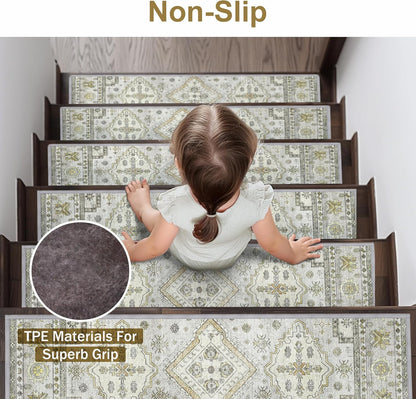 sarben Non Slip Stair Treads for Wooden Steps 15PCS - 8"x30" Indoor Safety Carpet, Edging Mats with TPE Adhesive Backing, Pet and Elderly Friendly Stair Rugs (Taupe) - Colors B