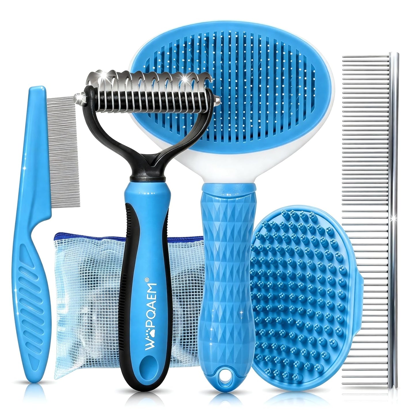 Dog Brush Grooming Kit 5 PCS - Self Cleaning Slicker Brush for Shedding Short Long Haired Dogs & Cats, Includes Pet Comb, Flea Comb, Bath Brush, Undercoat Rake - Complete Fur Care Set - Gray