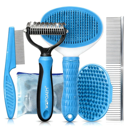 Dog Brush Grooming Kit 5 PCS - Self Cleaning Slicker Brush for Shedding Short Long Haired Dogs & Cats, Includes Pet Comb, Flea Comb, Bath Brush, Undercoat Rake - Complete Fur Care Set - Gray