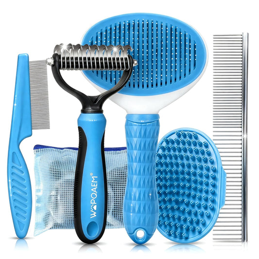 Dog Brush Grooming Kit 5 PCS - Self Cleaning Slicker Brush for Shedding Short Long Haired Dogs & Cats, Includes Pet Comb, Flea Comb, Bath Brush, Undercoat Rake - Complete Fur Care Set - Gray