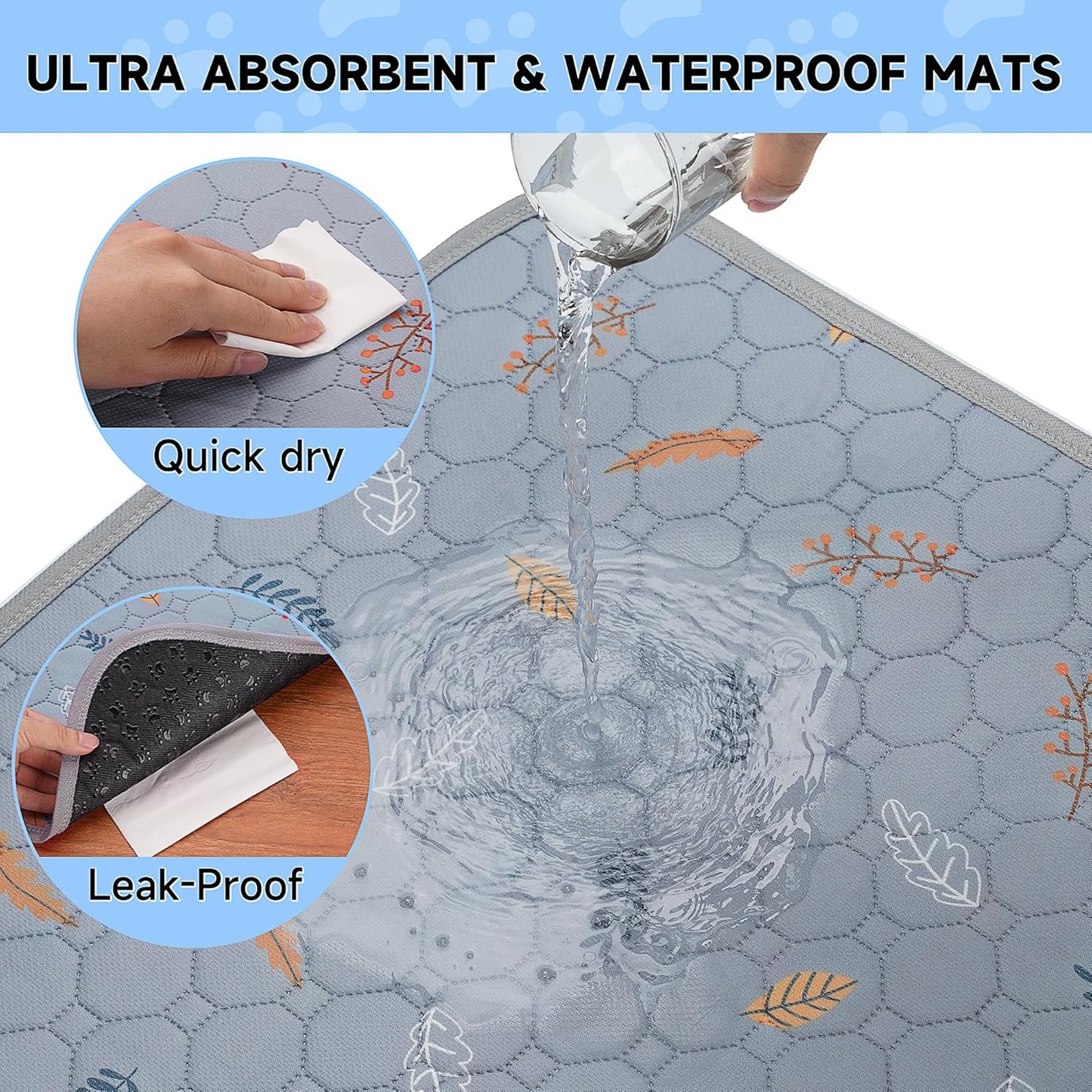 Sunheir Washable Pee Pads for Dogs Large 48" x 48" 2-Pack Reusable Puppy Pads Pet Training Pads, Absorb Dog Mats, Whelping Pad, Non-Slip Protects Against Urine Leakage (Leaves - Deep Grey, 48x48)