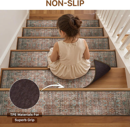 sarben Non Slip Stair Treads for Wooden Steps 15PCS - 8"x30" Indoor Safety Carpet, Edging Mats with TPE Adhesive Backing, Pet and Elderly Friendly Stair Rugs (Taupe) - Colors B