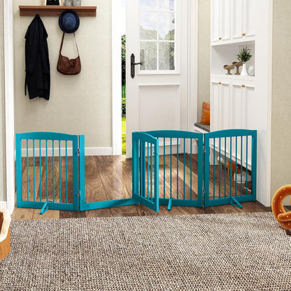 PUPETPO Freestanding Dog Gate with Door, Pet Gate for Stairs, 80 inch Wide Pet Barrier Indoor, Dog Fences Indoor, Support Feet Included, 4 Panels, 24" Tall, Dark Brown