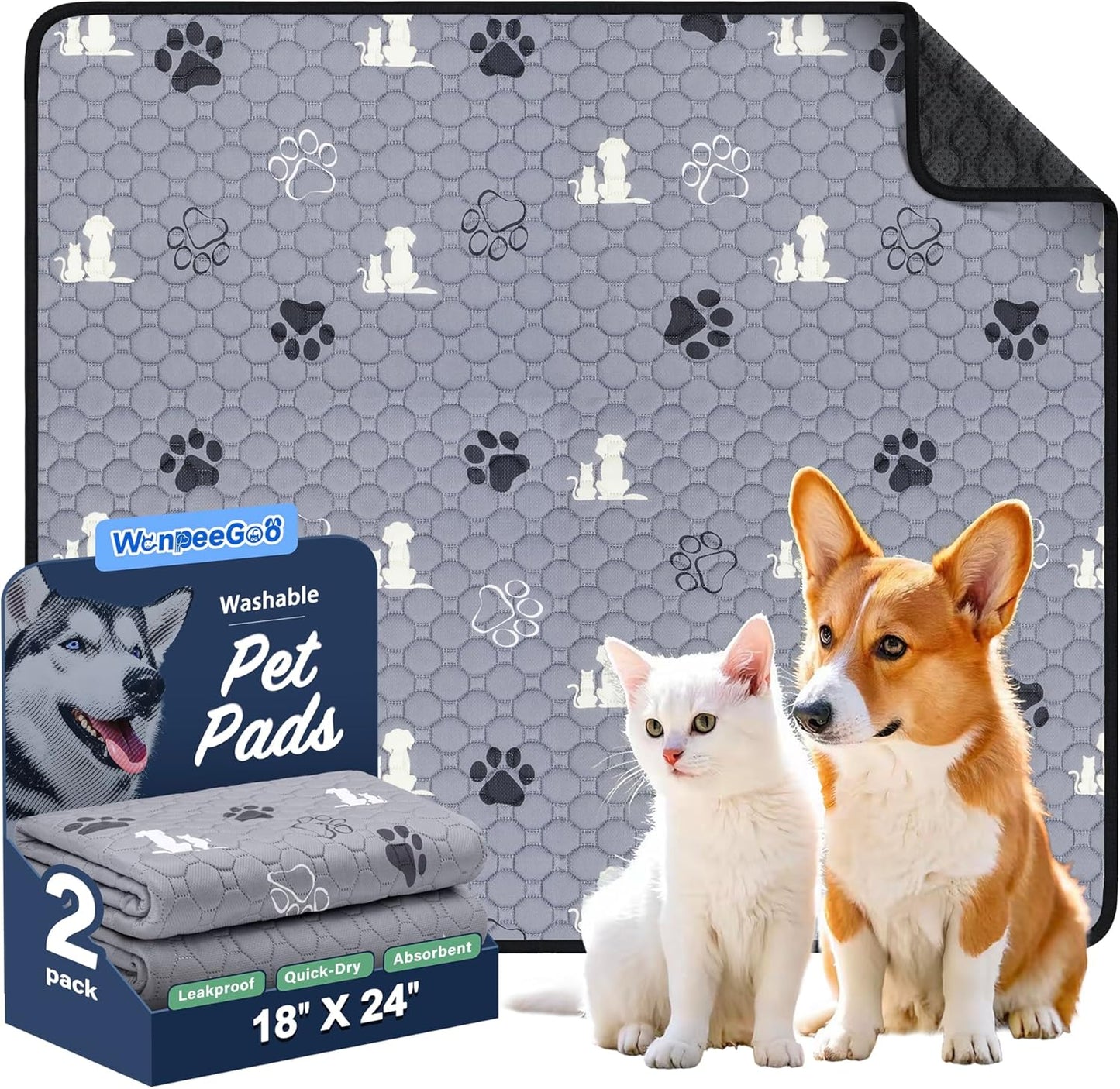 WanpeeGoo Washable Pee Pads for Dogs, 4 Pack Absorbent Reusable Training Dog Pads Pet Puppy Pads, Non-Slip Potty Pads for Whelping, Playpen, Crate, Bed, Grey 18"x24"