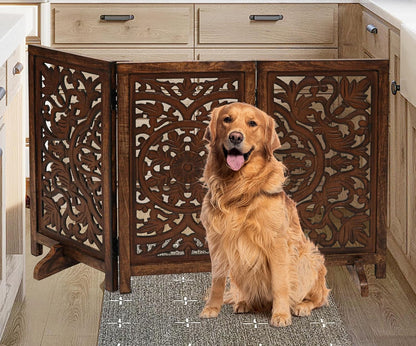 Freestanding Pet Gate for Dogs, Foldable Wooden Dog Gate for House, Indoor Dog Gate for Stair, Doorway, House Design Gates for Dogs Indoor, 72 Inch Wide, (18" x4 Panels 72 inch), Burnt Finish