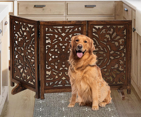 Freestanding Pet Gate for Dogs, Foldable Wooden Dog Gate for House, Indoor Dog Gate for Stair, Doorway, House Design Gates for Dogs Indoor, 72 Inch Wide, (18" x4 Panels 72 inch), Burnt Finish