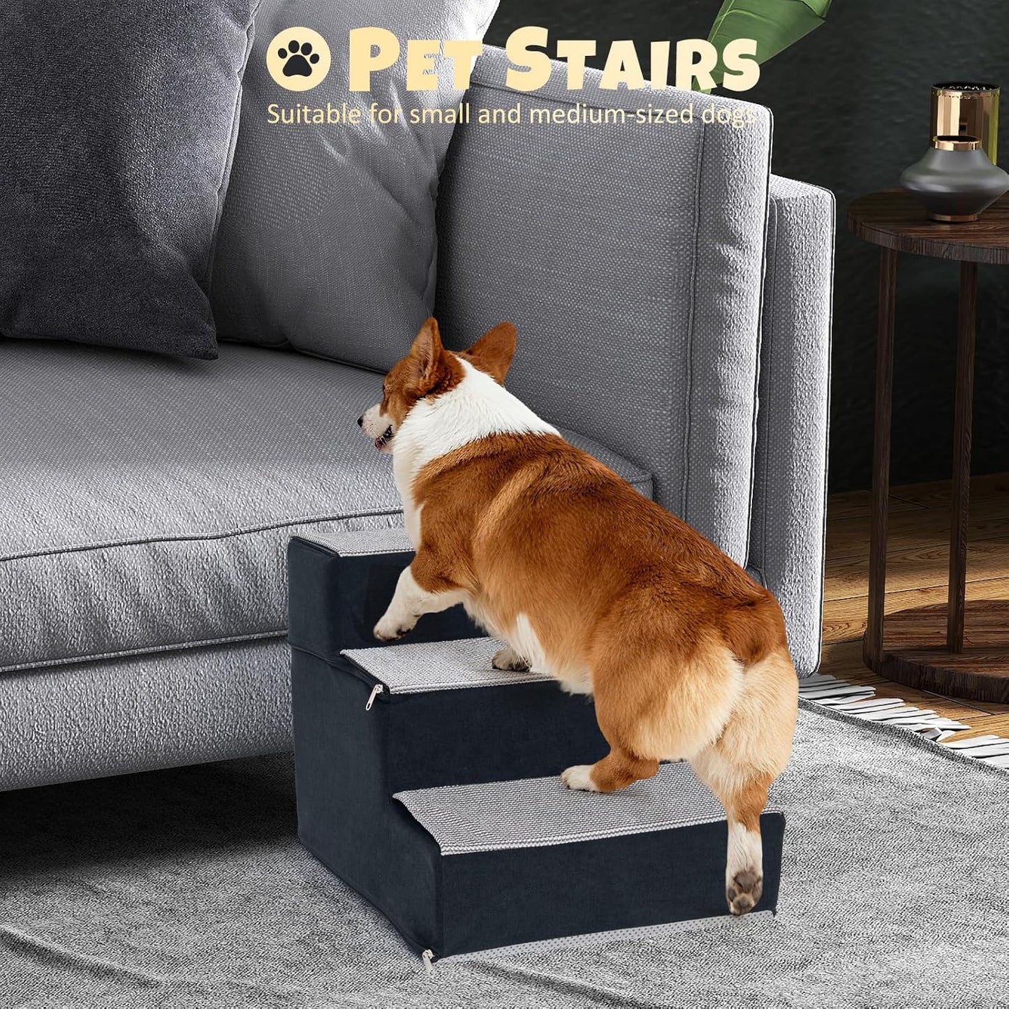 Dog Stairs for Small Dogs, 3 Step Dog Stair for High Bed and Couch, Non-Slip High Density Foam Sturdy Pet Steps with Removable Washable Cover for Older Cat