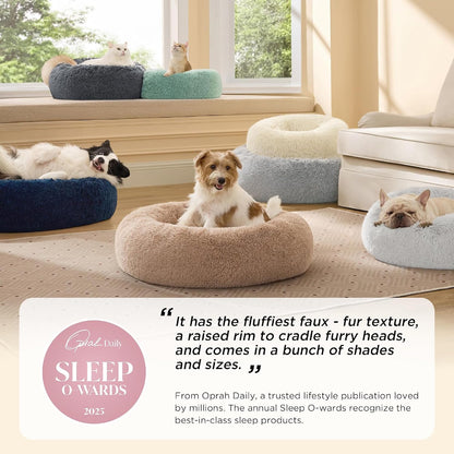Bedsure Calming Dog Bed Medium Size Dog - Donut Washable Medium Pet Bed, 30 inches Anti-Slip Round Fluffy Plush Faux Fur Cat Bed, Fits up to 45 lbs Pets, Camel