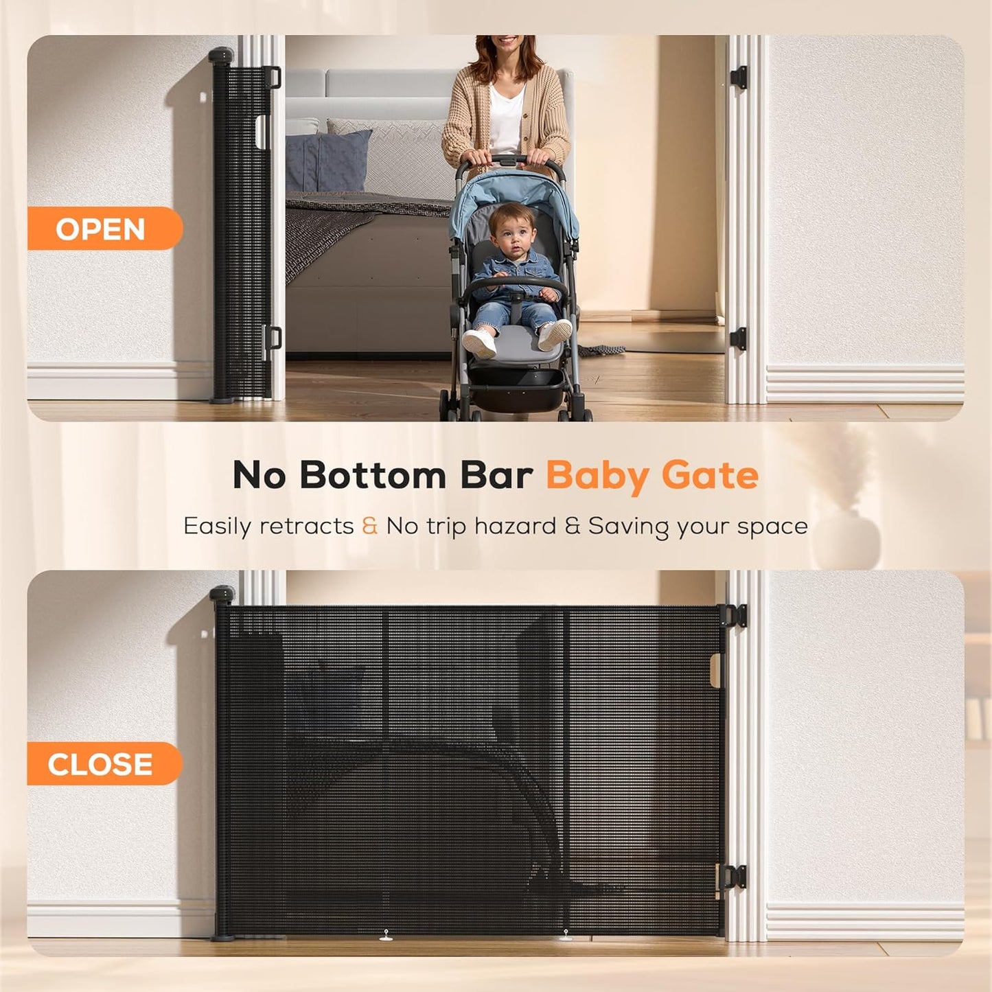 Retractable Baby Gate for Stairs, 42" Tall X 200" Wide Mesh Dog Gate Indoor, Child Gate for Doorways, Hallways, Deck, Indoor Outdoor Pet Baby Safety Essentials for Home, Black