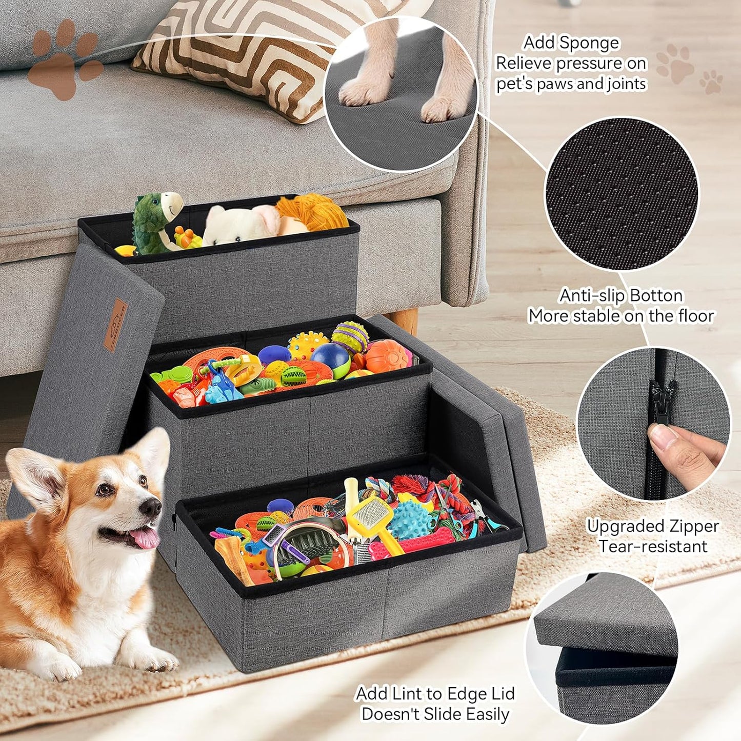 Zerbuger Wider Dog Ramp for High Bed with Storage 18" H, Foldable Dog Stairs for Small Medium Large Older Senior Animal, Sturdy Dog Step for Climbing Bed or Couch, Arthritis-Friendly (Gray, No Condo)