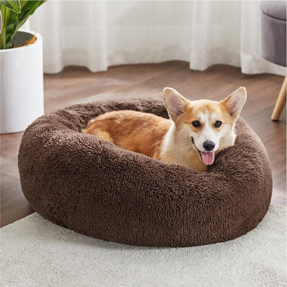 Bedsure Calming Dog Bed Medium Size Dog - Donut Washable Medium Pet Bed, 30 inches Anti-Slip Round Fluffy Plush Faux Fur Cat Bed, Fits up to 45 lbs Pets, Camel