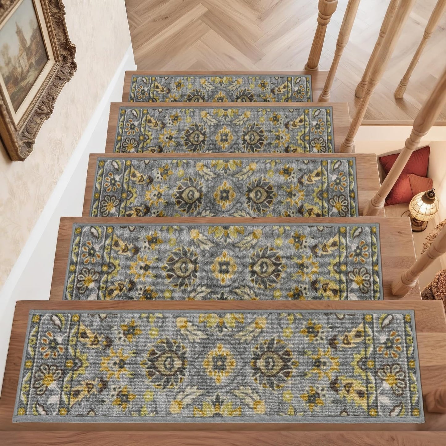 COSY HOMEER-Stair-Treads-for-Wooden-Steps Washable Indoor Stair Treads Non Slip 8" X 30" Soft Stair Carpet Treads Reusable Peel and Stick Stair Runner Rug for Kids, Elders and Pets 15pcs
