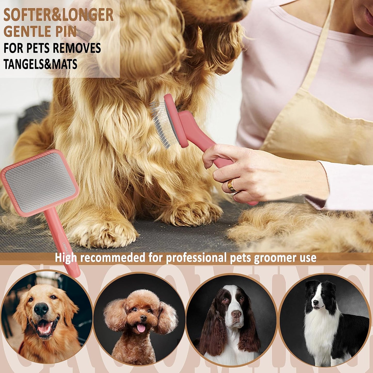 Dog Slicker Brushes for Poodles,Doodles,Goldendoodles,Bernedoodle.Dog Brushes for Thick Long Curly Fur Deshedding,Fluff,Grooming.Remove Loose Fur Quick Easy.Long Pin Slicker Brush.Wooden(Large)