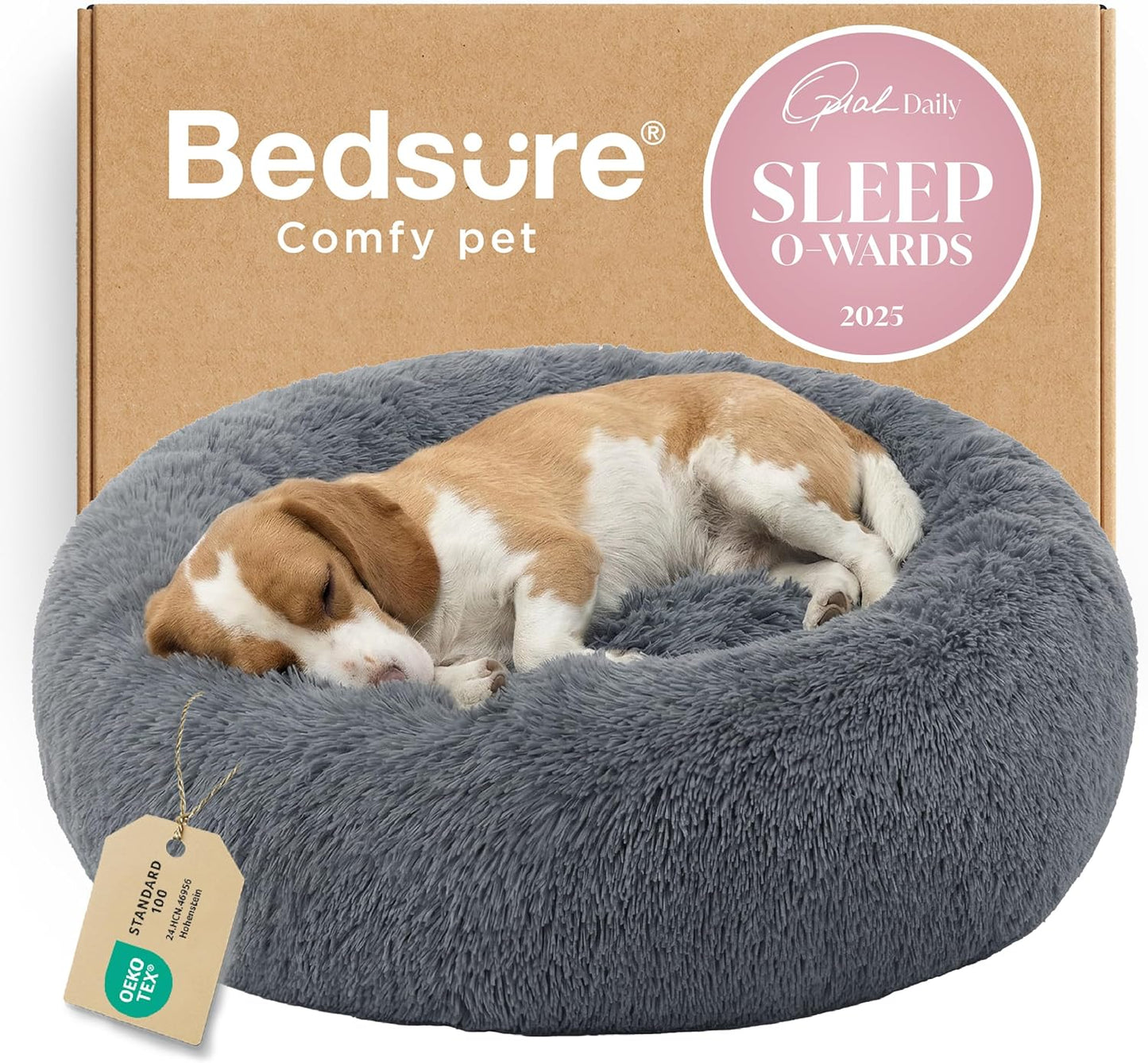 Bedsure Calming Dog Bed Medium Size Dog - Donut Washable Medium Pet Bed, 30 inches Anti-Slip Round Fluffy Plush Faux Fur Cat Bed, Fits up to 45 lbs Pets, Camel