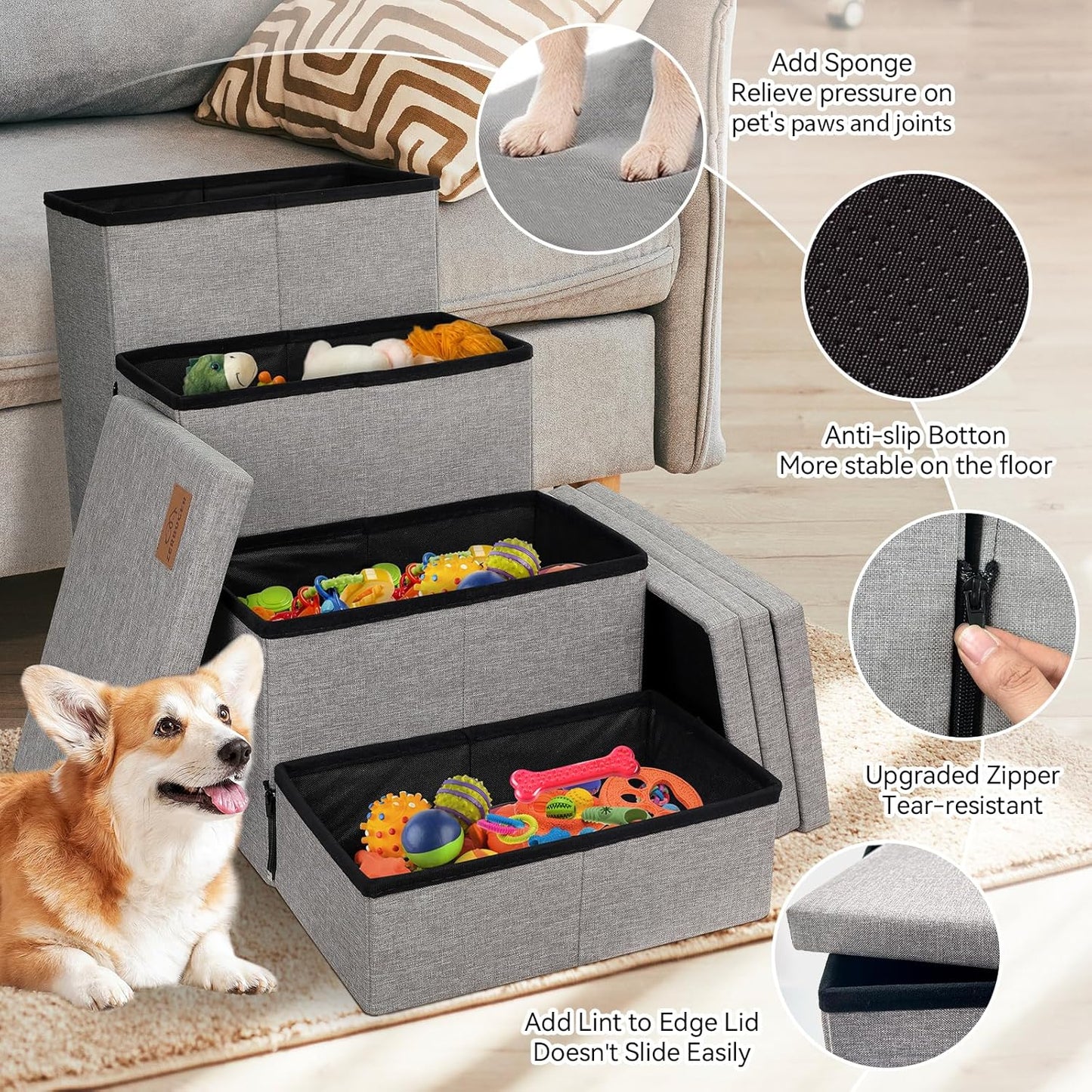 Zerbuger Wider Dog Ramp for High Bed with Storage 18" H, Foldable Dog Stairs for Small Medium Large Older Senior Animal, Sturdy Dog Step for Climbing Bed or Couch, Arthritis-Friendly (Gray, No Condo)