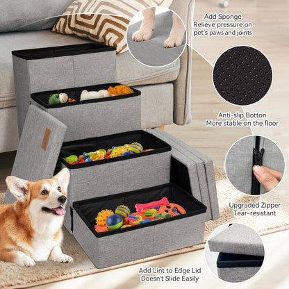 Zerbuger Wider Dog Ramp for High Bed with Storage 18" H, Foldable Dog Stairs for Small Medium Large Older Senior Animal, Sturdy Dog Step for Climbing Bed or Couch, Arthritis-Friendly (Gray, No Condo)