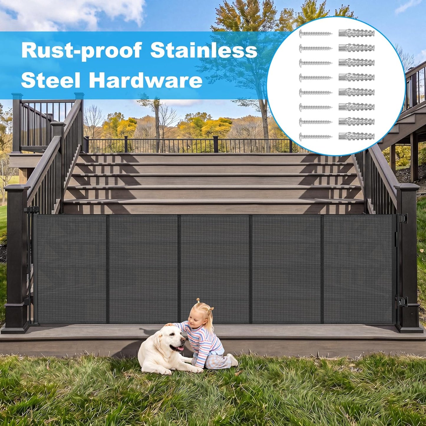 108" Wide Weatherproof Outdoor Retractable Dog Gates Extra Wide with Rust-Proof Stainless Steel Hardware& Waterproof Mesh, Reinforced 9 Ft Extra Long Retractable Baby Gate to Prevent Crawling Through