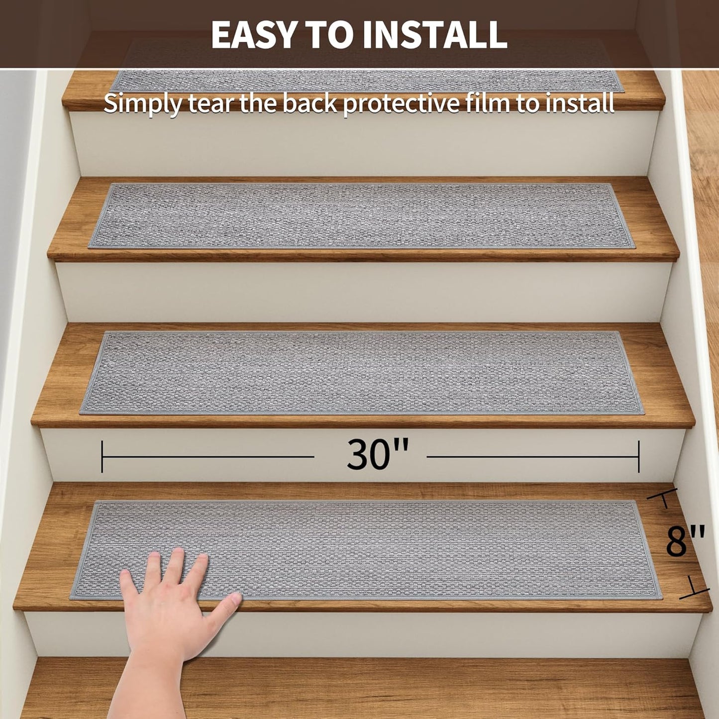 GROWLING Linen Stair Treads for Wooden Steps Indoor 30x8 inch, 15pcs Upgraded Self Adhesive Backing Non Slip Stair Carpets, Peel and Stick Stair Runner Rugs, Reusable Staircase Step Treads(Brown)