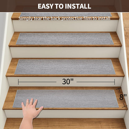 GROWLING Linen Stair Treads for Wooden Steps Indoor 30x8 inch, 15pcs Upgraded Self Adhesive Backing Non Slip Stair Carpets, Peel and Stick Stair Runner Rugs, Reusable Staircase Step Treads(Brown)