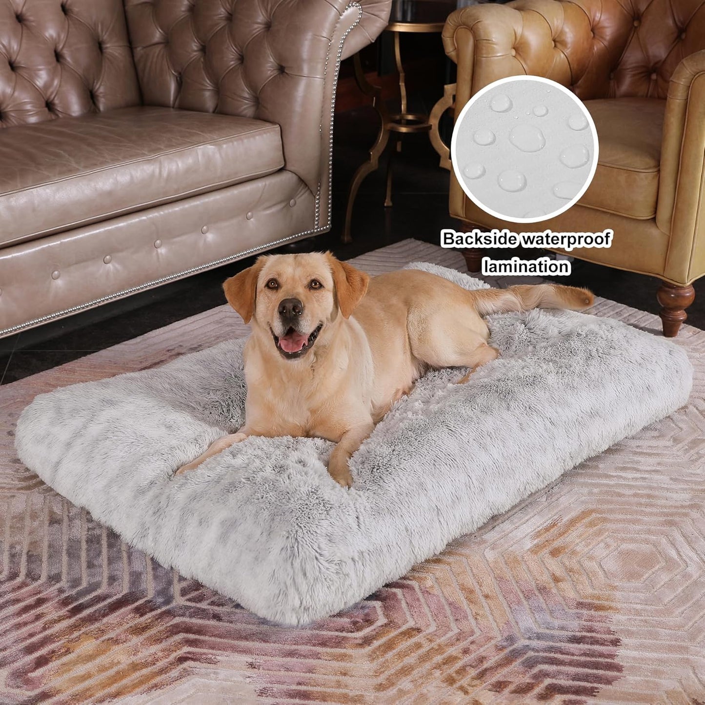 Bedfolks Waterproof Dog Crate Bed, Plush With Removable Washable Cover, Faux Fur Crate Pad for Medium Dogs, Fluffy Kennel 29"x21", Dark Grey