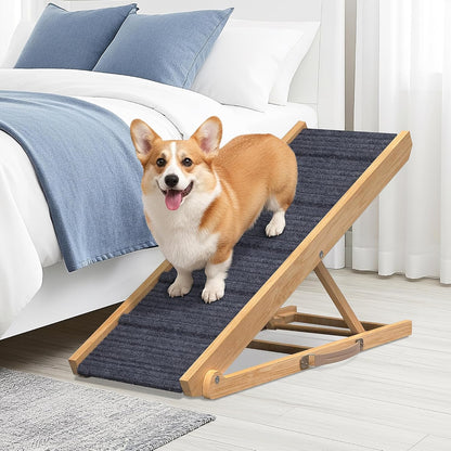 Adjustable Dog Ramp for Bed - 34" Long Foldable Wooden Ramp for Dogs to Get on Bed, Couch, or Car with 12.6" Wide Walking Space (Natural Wood with Gray Carpet)