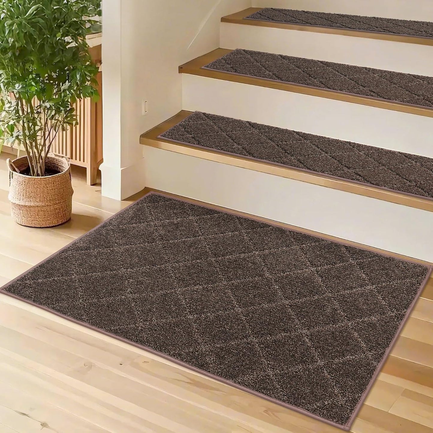 COSY HOMEER Edging Stair Treads Non-Slip Carpet Mat 28inX9in Indoor Stair Runners for Wooden Steps, Edging Stair Rugs for Kids and Dogs, 100% Polyester TPE Backing (7pc, Beige)