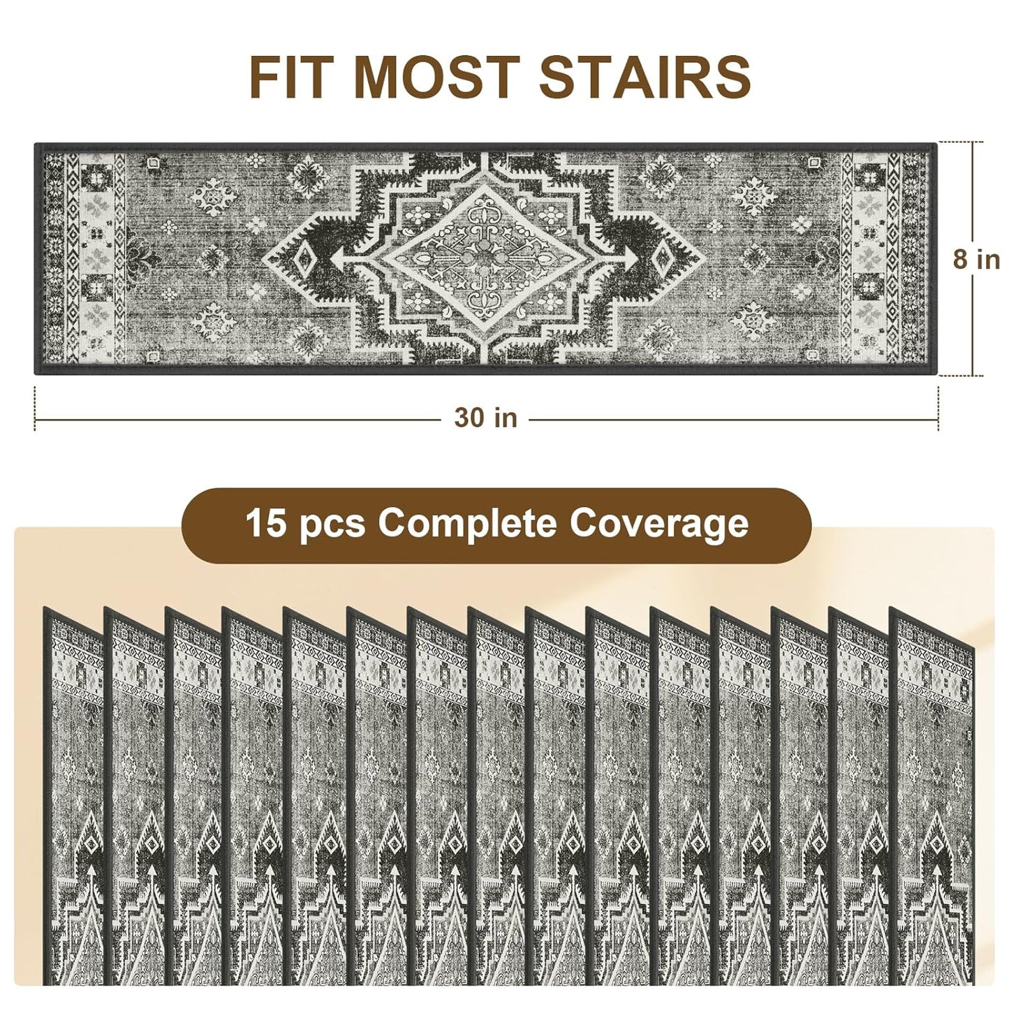 Non Slip Stair Treads for Wooden Steps Indoor, Dark Grey, 15pcs, 30"X8", Soft Carpet Mat, Machine Washable Boho Carpet Treads with Reusable Adhesive Backing, Safety Stair Tread for Dogs, Kids, Elders