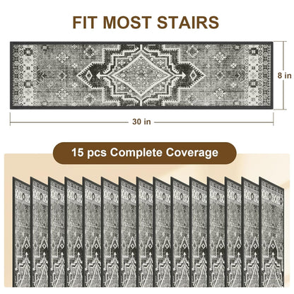 Non Slip Stair Treads for Wooden Steps Indoor, Dark Grey, 15pcs, 30"X8", Soft Carpet Mat, Machine Washable Boho Carpet Treads with Reusable Adhesive Backing, Safety Stair Tread for Dogs, Kids, Elders