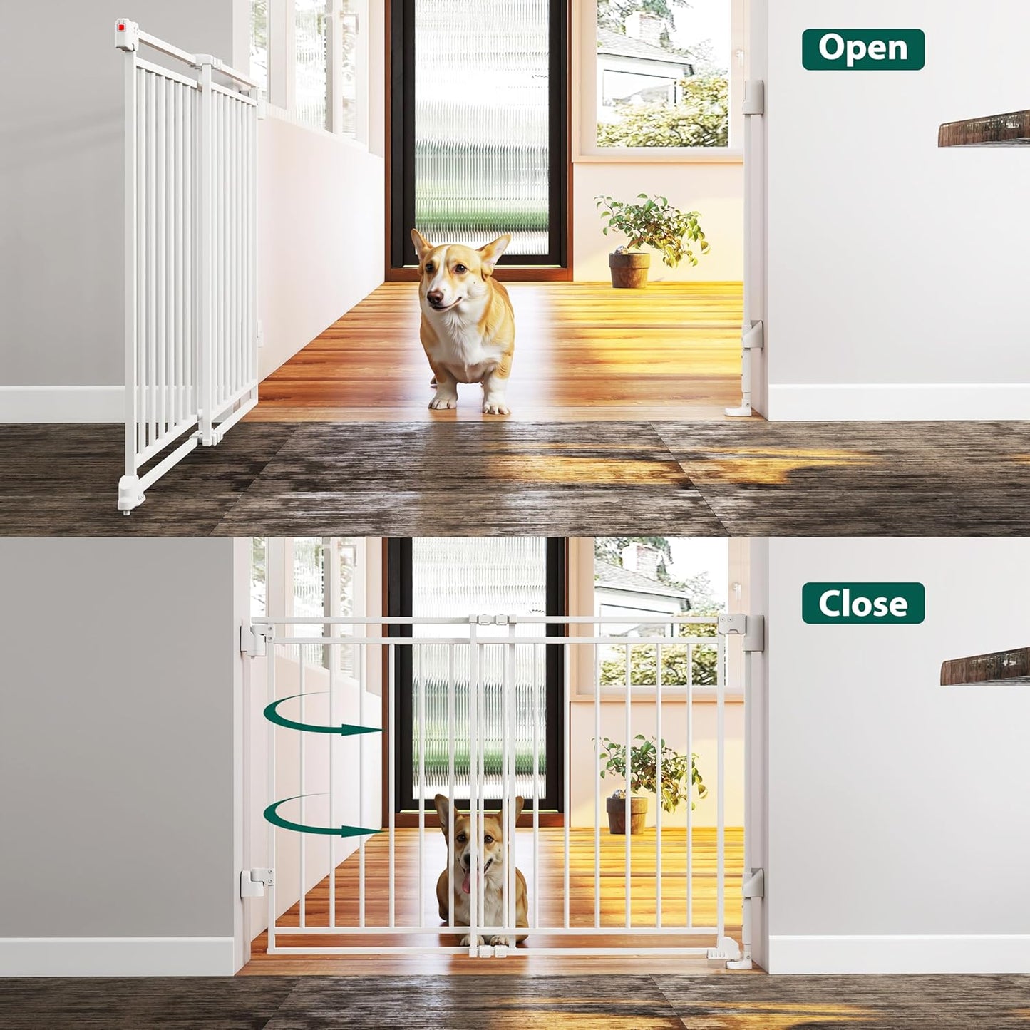 Miumoon 29-43" No Bottom Bar Baby Gate for Stairs, 2-in-1 Auto Close Dog Gate Indoor with Large Walk Thru Door, Hardware Mount Pet Gate for Top and Bottom Stairs (White, 26.5-43" W x 29" H)