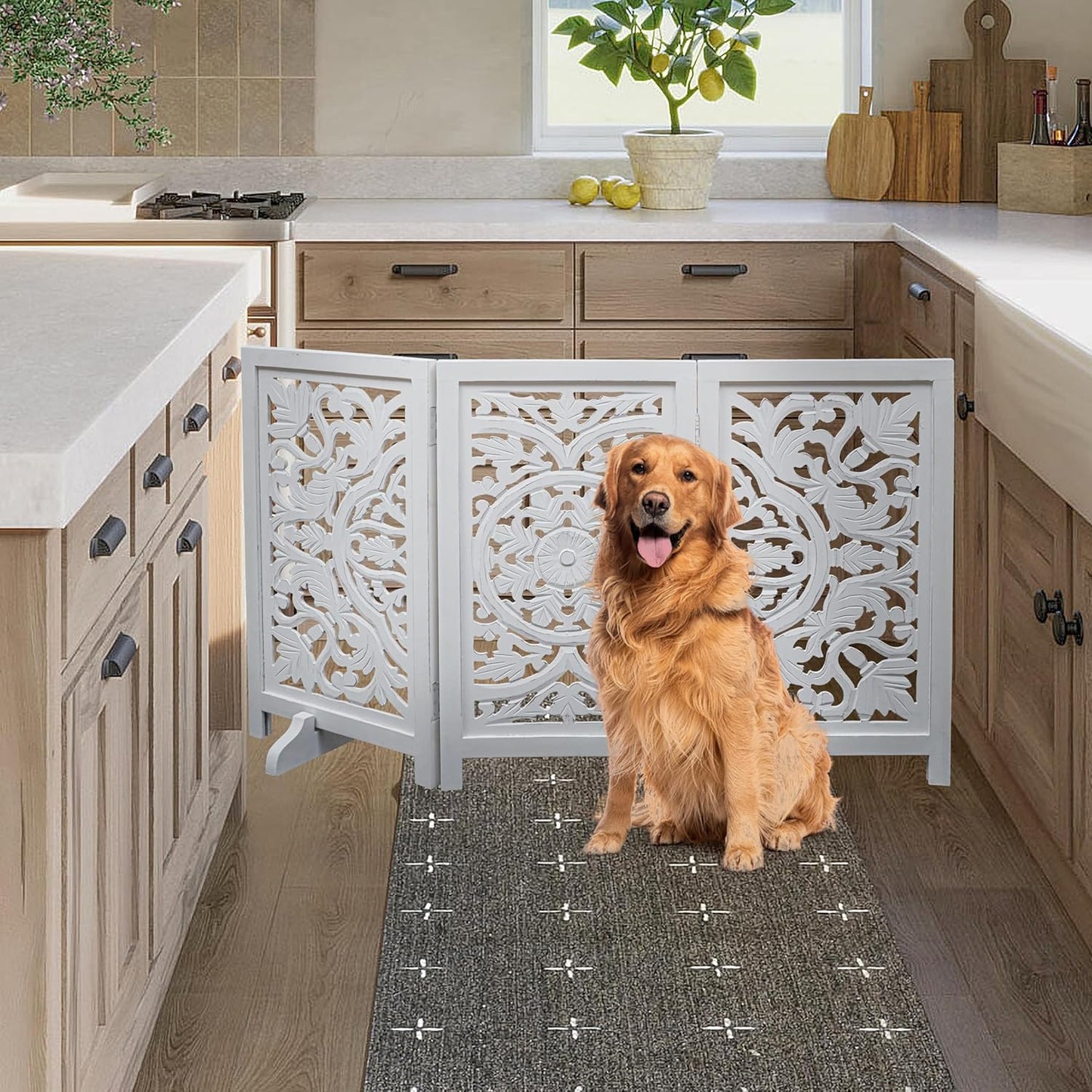 Freestanding Pet Gate for Dogs, Foldable Wooden Dog Gate for House, Indoor Dog Gate for Stair, Doorway, House Design Gates for Dogs Indoor, 72 Inch Wide, (18" x4 Panels 72 inch), Burnt Finish