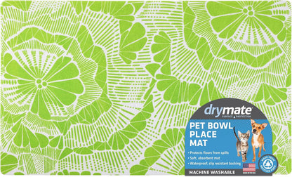 Drymate Pet Bowl Placemat, Dog & Cat Food Feeding Mat - Absorbent Fabric, Waterproof Backing, Slip-Resistant - Machine Washable/Durable (USA Made) (12” x 20”) (Indigo)