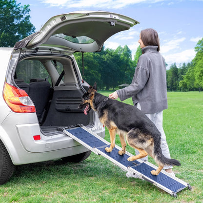 Dog Ramp for Car - Anti-Slip Dog Car Ramp for Large Dogs SUV - Stable 250LBS Capacity - Telescoping Pet Ramp for Car - Portable - Night Safety Reflective Sides - Fixing Clip - Black