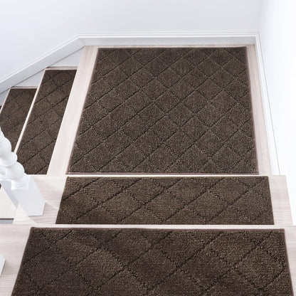 COSY HOMEER Edging Stair Treads Non-Slip Carpet Mat 28inX9in Indoor Stair Runners for Wooden Steps, Edging Stair Rugs for Kids and Dogs, 100% Polyester TPE Backing (7pc, Beige)