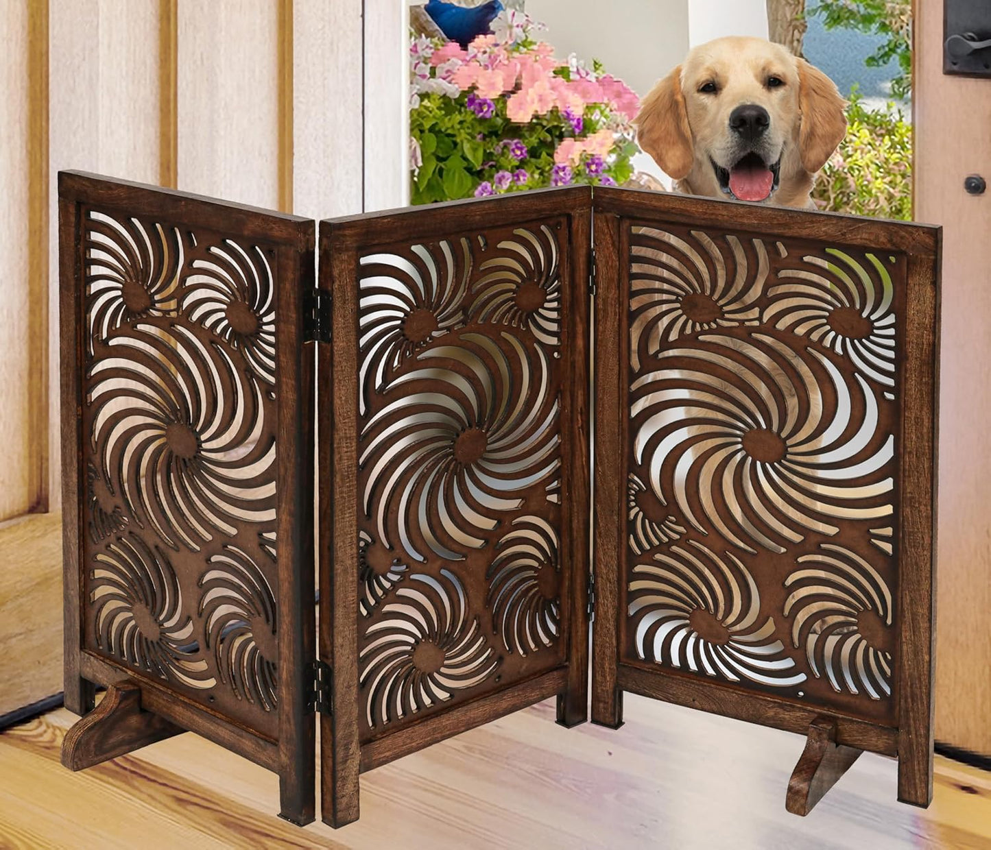 Freestanding Pet Gate for Dogs, Foldable Wooden Dog Gate for House, Indoor Dog Gate for Stair, Doorway, House Design Gates for Dogs Indoor, 72 Inch Wide, (18" x4 Panels 72 inch), Burnt Finish
