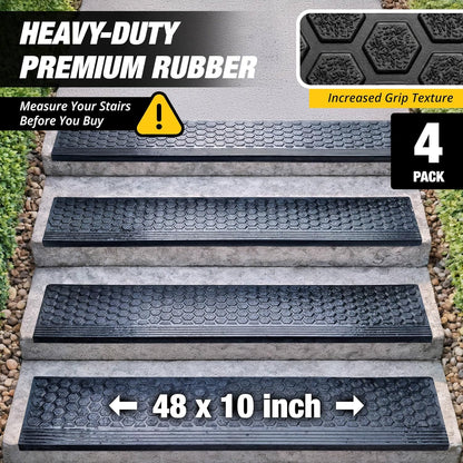 Rubber Stair Treads Outdoor 48"x10" 4-Pack - Heavy-Duty Outdoor Stair Treads Non-Slip Weather Resistant - Exterior Rubber Mats for Wooden Steps - Anti Slip Step Covers by Thunder Grip
