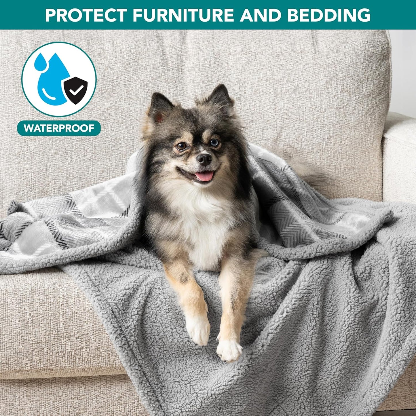 PetAmi Waterproof Dog Blanket for Couch, Large 60x40, Pee Proof Sherpa Fleece Reversible Pet Throw, Furniture Protector for Bed Sofa Kennel, Soft Washable Cover for Medium Dogs Cats, Grey Sherpa