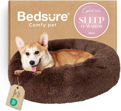 Bedsure Calming Dog Bed Medium Size Dog - Donut Washable Medium Pet Bed, 30 inches Anti-Slip Round Fluffy Plush Faux Fur Cat Bed, Fits up to 45 lbs Pets, Camel